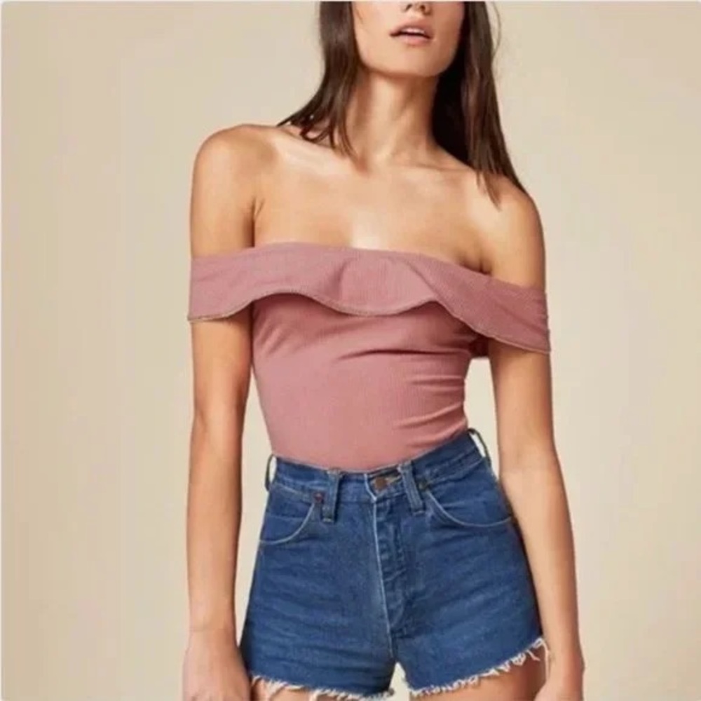 Reformation off shoulder ruffle Pink body suit